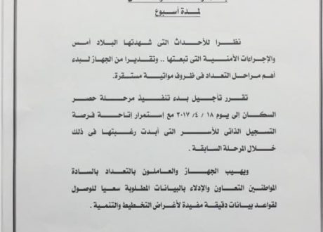( سى اس ار) تنشر مستند  تأجيل بدء مرحلة حصر السكان لمدة أسبوع